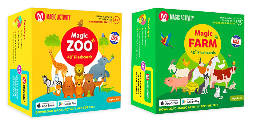 Pictures of the Magic Zoo and Magic Farm 4D Flashcards boxes