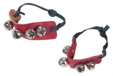 A pair of ankle bells made of 4 silver jingle bells attached to a red strap