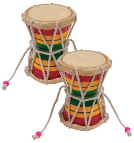 Two hourglass-shaped drums with red, yellow, and green stripes on the side