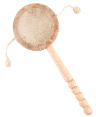 A round, double-sided drum head on a stick with two beads on strings on opposite sides of the drum head