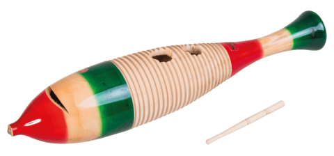 A guiro scraper made out of wood with ridges carved into it with red and green stripes on the ends