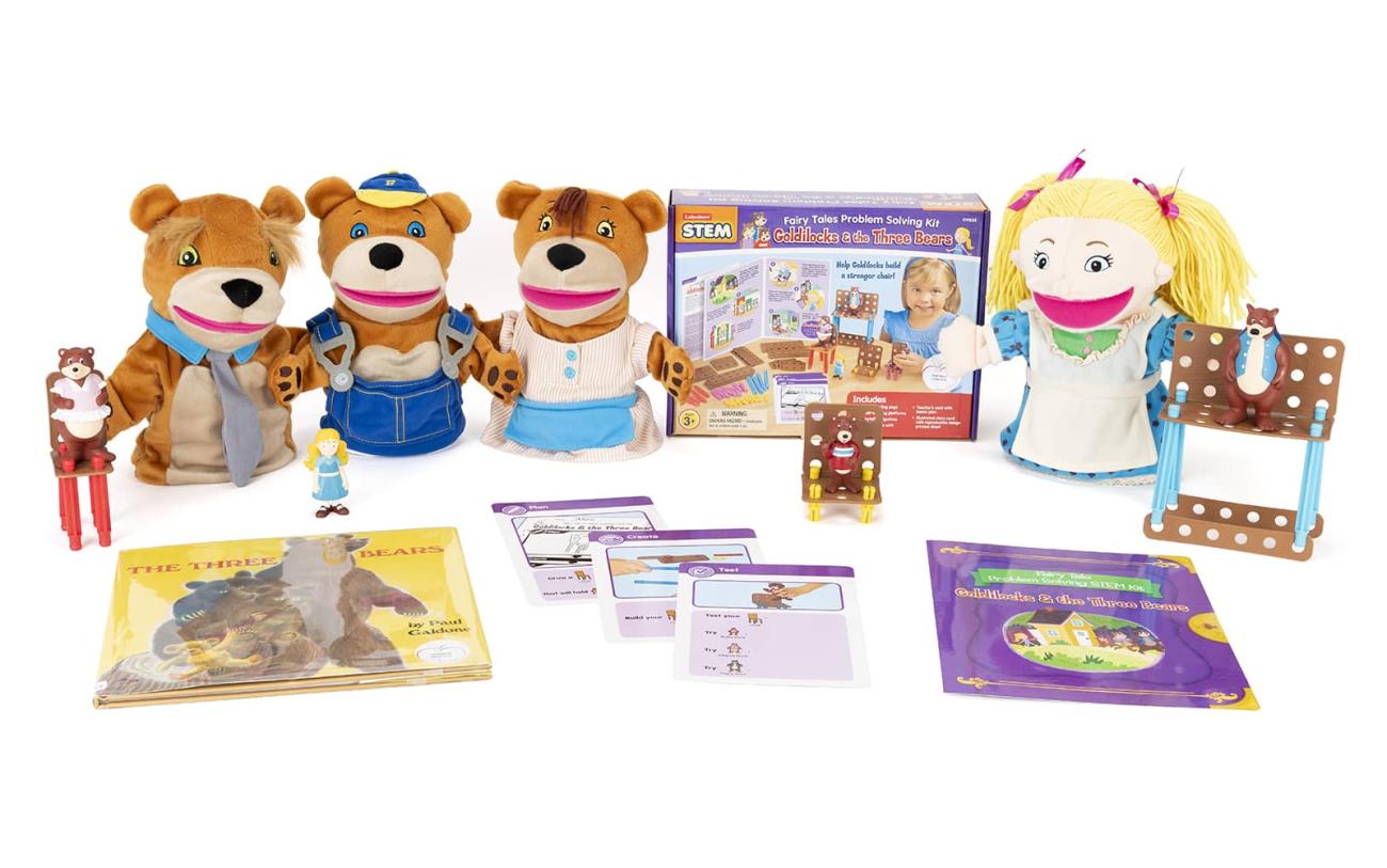 Contents of the Goldilocks Early Literacy Kit including a book, puppets, and a Goldilocks Fairy Tales Problem Solving Kit