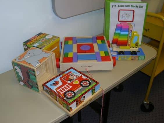 Contents of Learn With Blocks Early Literacy Kit including many sets of blocks