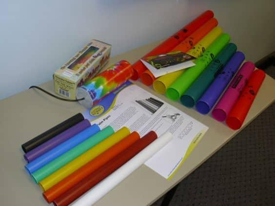 Contents of the Make a Sound Early Literacy Kit including Palm Pipes, Boomwhackers, and a Thunder Tube