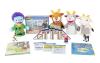 Contents of the Three Billy Goats Gruff Early Literacy Kit including a book, Fairy Tales Problem Solving kit, and puppets